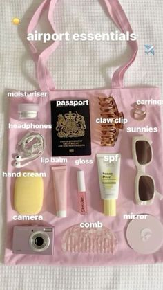 the contents of a pink bag are displayed on a white sheet with words describing what is in it