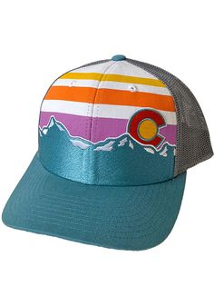 This Colorado Light Blue Adjustable Hat features a front Colorado-inspired design. ColoradoCool Trucker, Front Colorado-inspired design, Contrast back trucker mesh, Back local woven label, Plastic snap closure, Cotton/Poly Blend, Curved Bill, Low Crown, Structured, Imported Blue Adjustable Trucker Hat With Curved Bill, Adjustable Blue Trucker Hat With Curved Bill, Fun Blue Trucker Hat For Outdoor, Adjustable Blue Trucker Hat, Blue Adjustable Trucker Hat, Blue Curved Brim Trucker Hat, Blue Trucker Hat For Outdoor, Fun Blue Snapback Hat With Flat Brim, Blue Fun Style Snapback Hat