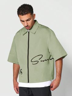 Green Casual Collar Short Sleeve Woven Fabric Colorblock,Letter,Striped Shirt Embellished Non-Stretch  Men Clothing Winter Shirts Men, Mm Paris, Tshirt Printing Business, Baggy Outfit Ideas, Print Design Trends, Fitted Slacks, Mens Smart Casual Outfits, Cuban Shirts, Modeling Photoshoot