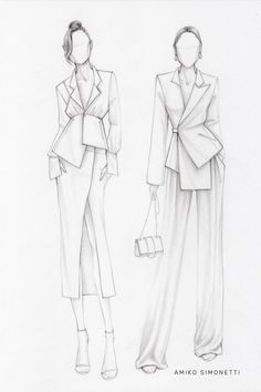 a pencil drawing of two women in suits