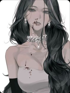 a drawing of a woman with long black hair and piercings on her chest, wearing a bra