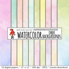 watercolor background papers with different colors and sizes, including pink, blue, green, yellow