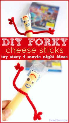 a hand holding up a stick with the words diy forky cheese sticks on it