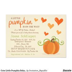 an orange pumpkin with hearts is on the front of this party card