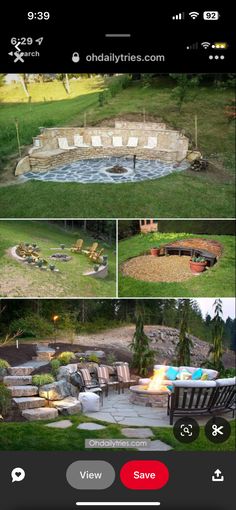 an image of a backyard with fire pit and patio furniture on it, and the same photo