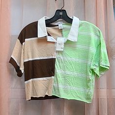 This Super Cool Rue21 Cropped Polo Features A Split Design With One Side Green And White Stripes On The Other Side Brown And Tan In White Stripes. It Does Have A Shorter Style Crop That Allows For A Little Skin To Show. Summer Color Block Brown Tops, Summer Brown Color Block Tops, Trendy Brown Color Block Tops, Trendy Beige Color Block Tops, Cropped Polo, Brown Zip Ups, Yellow Crop Top, Cropped Long Sleeve Top, Multi Color Blouse