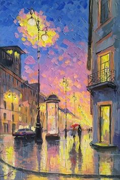 an oil painting of people walking down the street at night with umbrellas in the rain