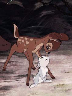 an animated image of a dog and a deer in the woods with trees behind them