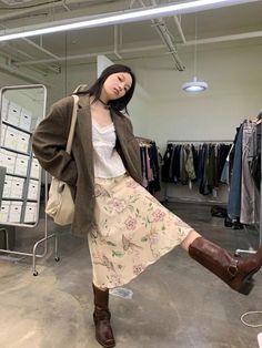 Sandy Liang Outfit Aesthetic, Fall Outfits With Midi Skirts, Midi Skirt Autumn Outfit, Rockstar Winter Outfit, Mid Skirt Outfits Summer, Fall Garden Party Outfit, Japanese Workwear Women, Midi Skirt And Boots Outfit, Midi Skirt Winter Outfit