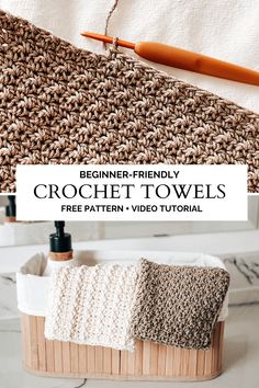 the crochet towel is sitting on top of a wooden holder and next to it is