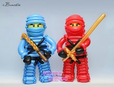 two lego ninjas holding baseball bats and wearing red, blue, and yellow uniforms