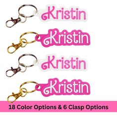 three pairs of pink and gold key chains with the words krisin, kristin, kris