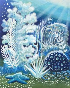 a painting of some plants and water on a blue background