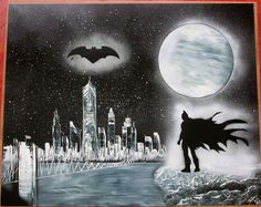 a drawing of a batman standing in front of a full moon and cityscape