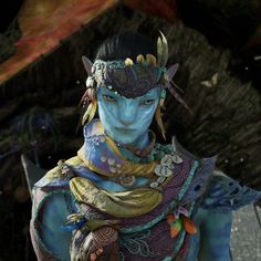 an avatar from the video game avatars is dressed up in blue and gold clothing