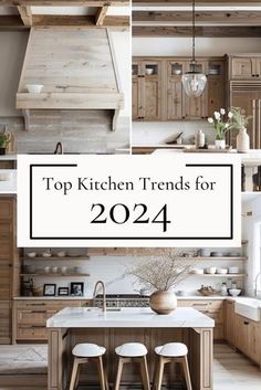 a kitchen with wooden cabinets and stools in the center is featured for top kitchen trends for 2014