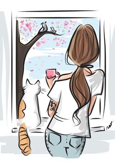 a woman is looking out the window at her cat and holding a cup in one hand