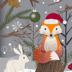 the fox and the rabbit are sitting in the woods together, one is wearing a santa hat