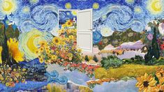 a painting with sunflowers and an open door in the sky above it is a field full of flowers