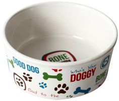 a white bowl with dogs and bones on the inside is full of good to the bone stickers