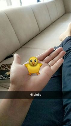 a person holding a small yellow bird in their hand while sitting on a couch next to a book