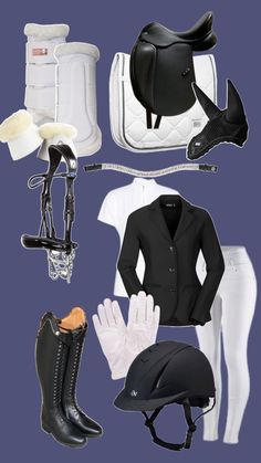 several different types of equestrian equipment including boots, gloves and riding gear