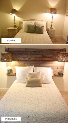 there are two pictures of a bed with wood headboard and pillows on the bottom