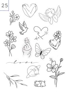 some flowers and hearts are drawn on paper