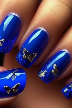 Springtime Elegance: Coffin Royal Blue Nails with Butterfly Accents Ombre Royal Blue Nails, Blue Nails With Butterfly, Coffin Royal Blue Nails, Nails With Butterfly, Posh Nails, Sns Nails Colors, Royal Blue Nails