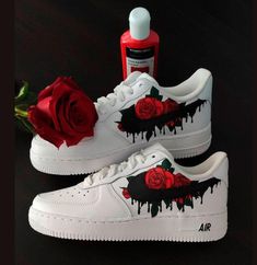 Black Drip Red Rose Custom Air Force 1-shecustomize Custom Sneakers Diy, Custom Af1, Custom Shoes Diy, Nike Shoes Girls, Nike Fashion Shoes, Custom Nike Shoes, All Nike Shoes, Air Force 1 Custom, Personalized Shoes