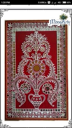 a red and white painting with ornate designs on it