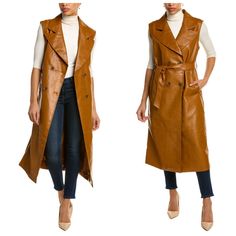 Bagatelle Belted Trench Vest Coat Belted Trench Vest Coat In Glazed Ginger With Faux Leather Design, Peak Lapel, Two Front Pockets, And Center Vent At Back Hem Approximately 48in From Shoulder To Hem Model Is 5'8 And Is Wearing A Size Medium Measurements May Vary Slightly By Size. Double-Breasted Button Closure Medium Weight Coating: 100% Polyurethane Backing: 51% Polyester, 49% Rayon Lining: 100% Polyester Machine Wash Beautiful Camel Color New With Tags B42 Trench Vest, Cropped Trench Coat, Sleeveless Trench, Lightweight Trench Coat, Leather Designs, Blue Trench Coat, Trench Jacket, Belted Jacket, Peak Lapel