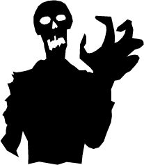 a black and white silhouette of a zombie holding up his hand with one eye open