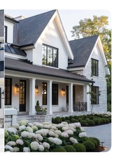 the front and side of a white house with black shutters, windows, and landscaping