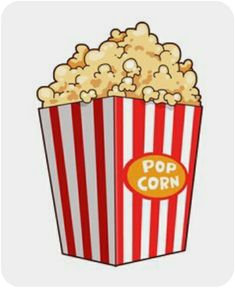 a red and white striped popcorn box with pop corn on it's side illustration