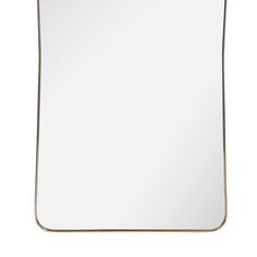 a white square mirror with gold trimmings on the edges and bottom edge, in front of a white background