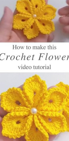 the crochet flower is shown in yellow