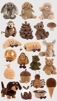 many different stuffed animals are shown together