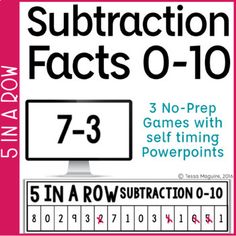 a poster with numbers and times on it for the subtraction fact 0 - 10 game