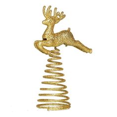 a gold metal christmas tree decoration with a deer head on it's top and spirals in the bottom