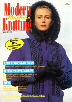 the cover of modern knitting magazine featuring a woman wearing a purple sweater and black gloves