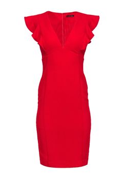 Current Boutique-Black Halo - Red Knee Length Fitted Sheath Dress w/ Shoulder Ruffle Sz 4 Red Sheath Dress, Sparkly Necklace, Fitted Sheath Dress, Black Halo, Textured Fabric, Online Boutiques, In Hot, Diamond Studs, Bright Red