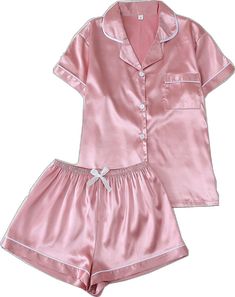 Pink Short Set For Sleep, Pink Short Bedtime Sets, Bow Shorts, Collar Top, Short Pajama Set, Inspiration Mode, Pajama Shorts, Polo Collar, Short Sleeve Polo