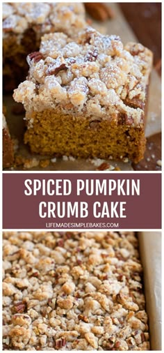 pumpkin crumb cake with the words spiced pumpkin crumb cake on top and bottom