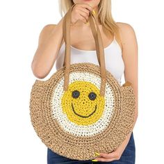 Smiley Happy Face Round Straw Beach Tote Bag Nwt Make A Splash With This Adorable Round Smiley Face Tote! It Will Brighten Your Day At The Pool, Lake, Shopping, Running Errands And More. Woven Tan Rattan Paper Straw In A Round Shape Yellow, White And Black Happy Face Details On The Front 1 Zipper Closure Main Compartment, Lined Interior With 1 Inner Pocket Faux Leather Trim Double Handles -Lining: 100% Polyester Nwt Summer, Beach, Pool, Travel, Festive, Festival, Travel, Cruise, Circle Straw Beach Tote, Smiley Happy, Face Details, Travel Cruise, Beach Tote Bag, Paper Straws, Beach Tote Bags, Beach Tote, Happy Face