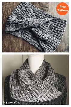 two pictures with the same knitting pattern on them, one has a scarf and the other has