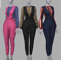 three female mannequins wearing different colored jumpsuits and one has a leopard print