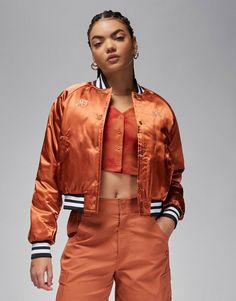 Coats & Jackets by Jordan Jacket upgrade: check Baseball collar Snap placket Jordan logo embroidery Side pockets Striped trims Regular fit Law Of Nature, Satin Varsity Jacket, Latest Jordans, Jordan Jackets, Dusty Peach, Varsity Jacket Women, Women's Windbreaker, Jordan Logo, Jumpman Logo