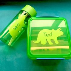 a green lunch box with a dinosaur design on the lid next to a plastic container that says ted