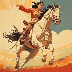 a painting of a woman riding on the back of a white horse in front of an orange sky